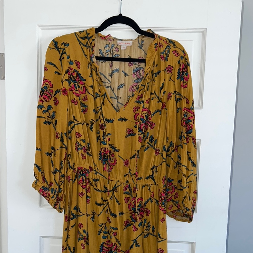 Knox Rose Floral Midi Mustard Dress with half sleeves & pockets. Size Large.